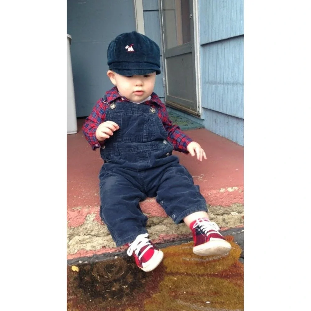 Vintage 50s Newsboy Cap‎ Dark Blue Corduroy Embroidered Dog Kids Flat Hat